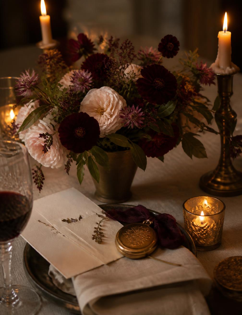 Mesa à luz de velas com arranjo floral e cartão manuscrito